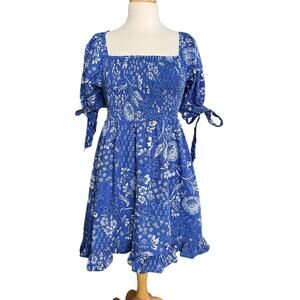 Sugarlips Smocked Dress Blue Floral Puff Sleeve Square Neck Cottagecore Large
